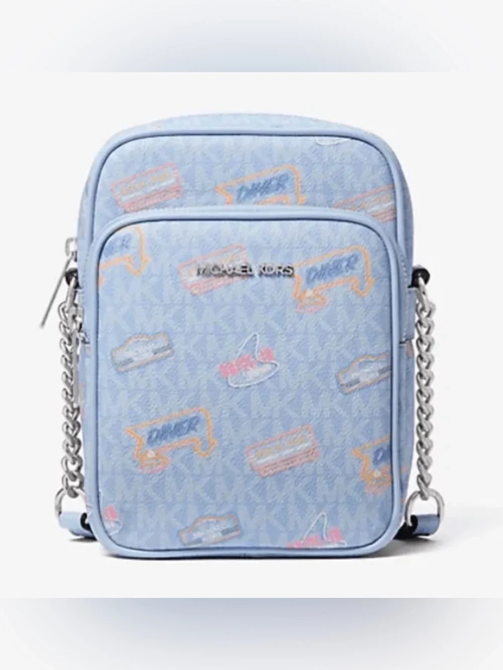 Michael Kors Light Blue Logo Print Messenger Crossbody with Chain Strap